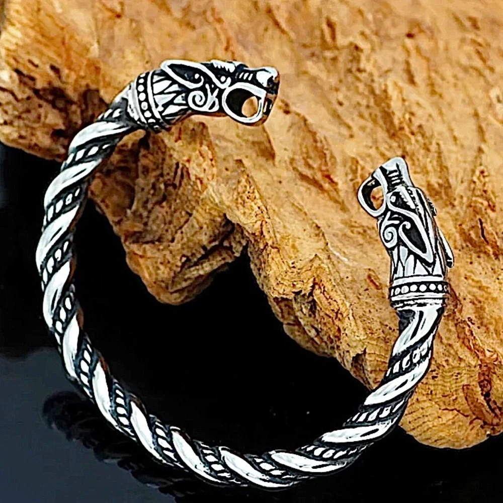 STERLING SILVER VIKING WOLF BRACELET SILVER ARM BAND CUFF BANGLE
